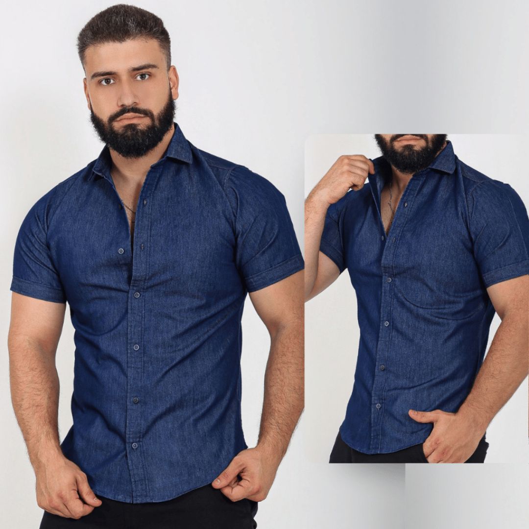 Camisa Jeans Masculina Slim Fit Manga Curta - Midorya | Dom Conrado