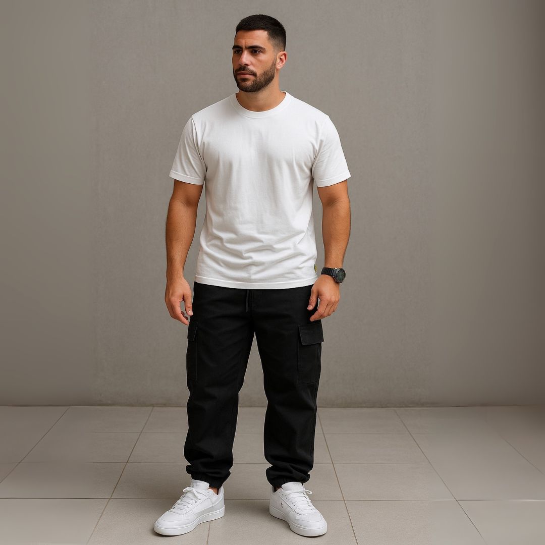 Calça Cargo Masculina Denim e Sarja com Bolsos Preta - Baruel - Dom Conrado