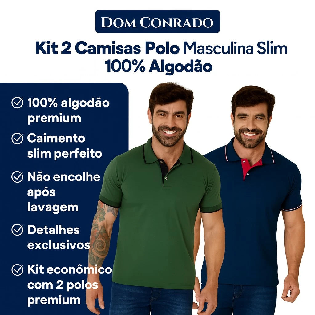 Kit 2 Camisas Polo Masculina Slim 100% Algodão - Dom Conrado