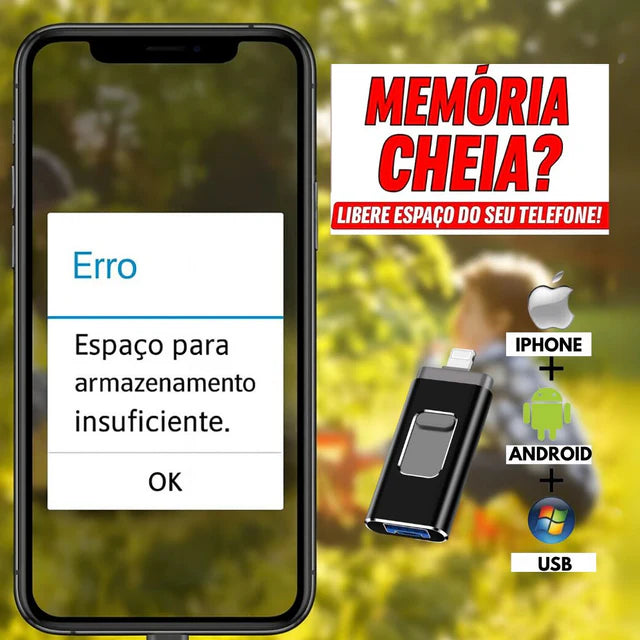 Pen Drive para Celular - MemoryCel - Expanda sua Memória até 128 GB - Entrada Android e Iphone inclusas