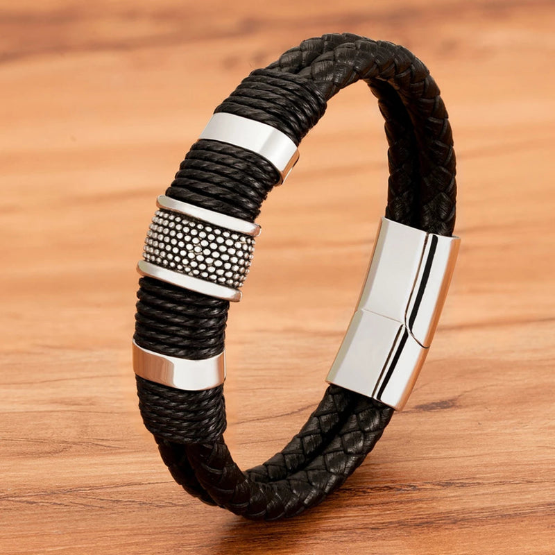 Pulseira Masculina Couro Genuíno com Aco Inoxidavel – Dom Conrado 