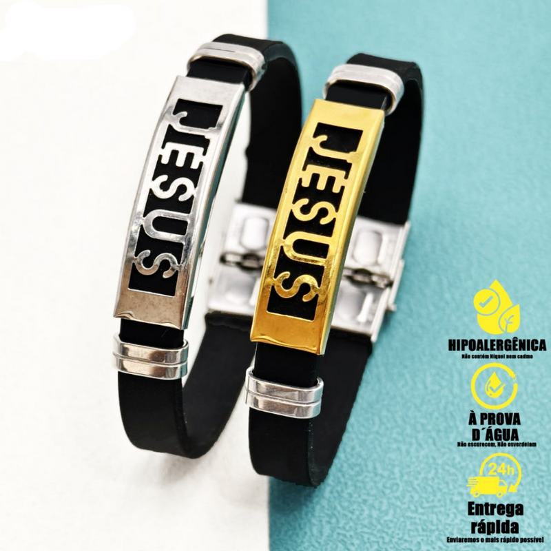 Pulseira Masculina Dourada de Silicone "Jesus" - Dom Conrado