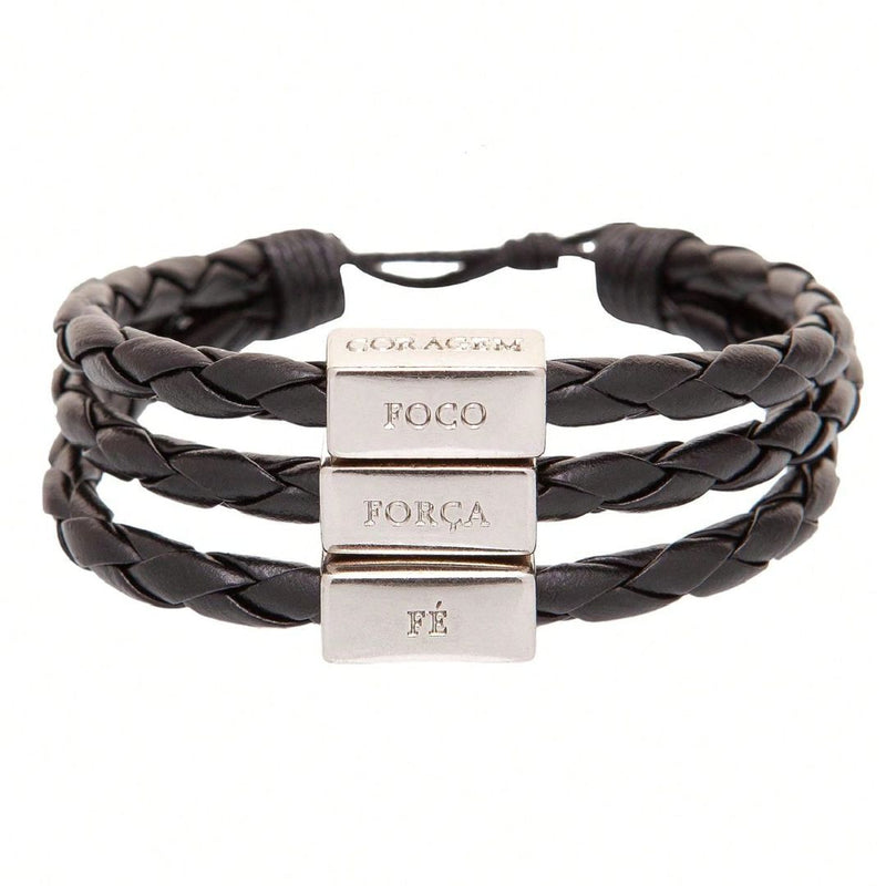 Pulseira Masculina de Couro - Forca, Foco e Fe - Dom Conrado