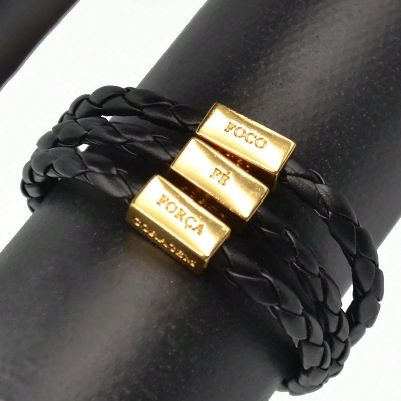 Pulseira Masculina de Couro - Forca, Foco e Fe - Dom Conrado