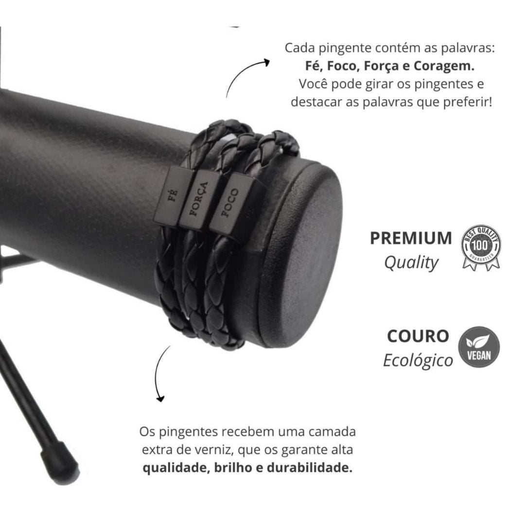 Pulseira Masculina de Couro - Forca, Foco e Fe - Dom Conrado