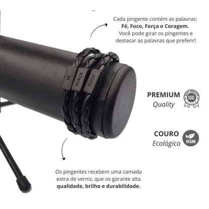 Pulseira Masculina de Couro - Forca, Foco e Fe - Dom Conrado