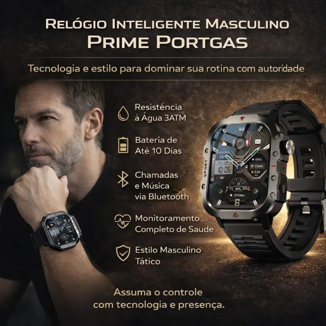 Relógio Inteligente Masculino Prime Portgas Preto Bluetooth 3ATM | Dom Conrado
