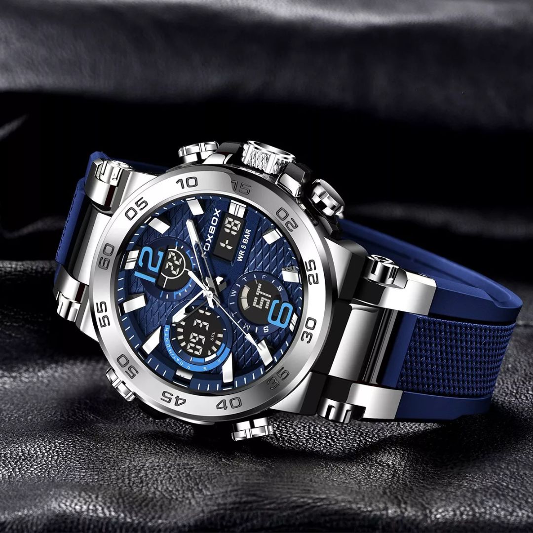 Relogio Masculino Digital Dual Display - Petrix | Correia de Silicone Azul | Dom Conrado