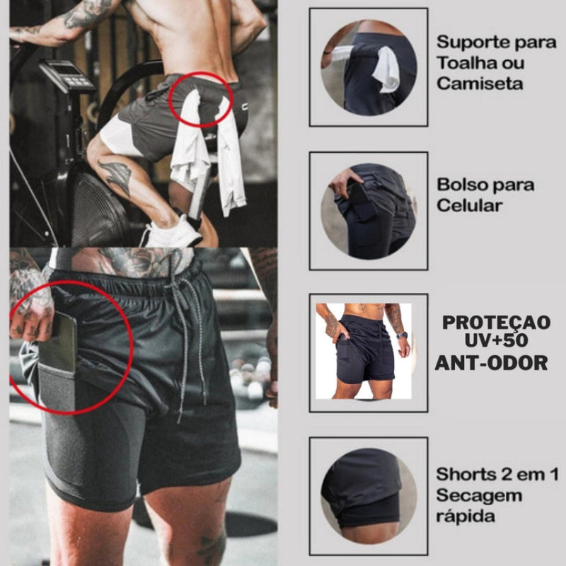 Shorts 2 em 1 Sport Fit Dry Fit com Elastano e Proteção UV - Dom Conrado