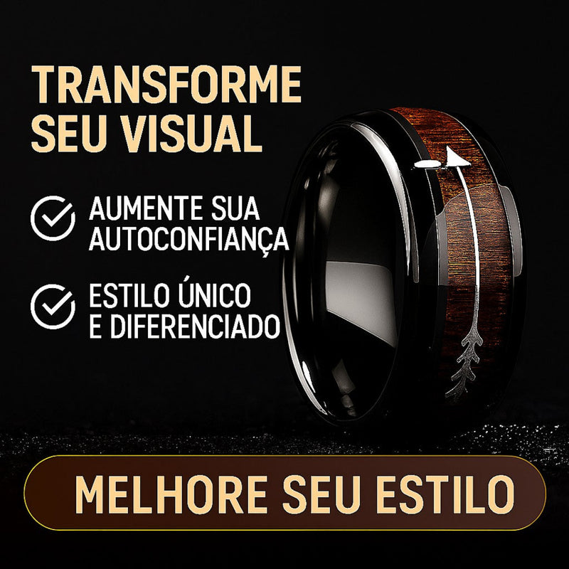 Anel Masculino Estiloso de Madeira e Tungstênio Flecha – Dom Conrado | Loja Oficial