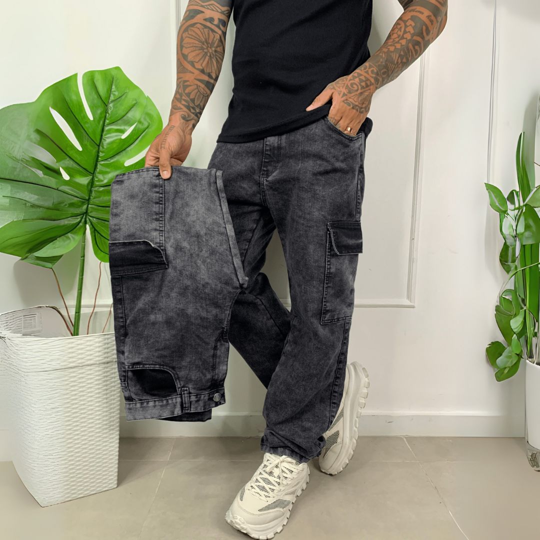 Calça Cargo Jeans Masculina Preta Estonada Skatista - Hawk | Dom Conrado