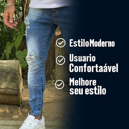 Calça Jeans Masculina Skinny Com Lycra Detalhe de Rasgo - Alluka