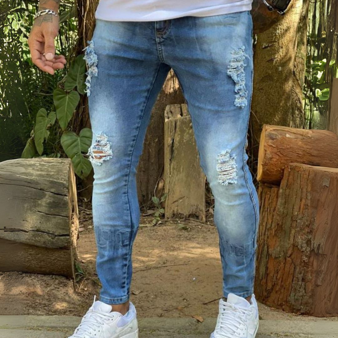 Calça Jeans Masculina Skinny Com Lycra Detalhe de Rasgo - Alluka