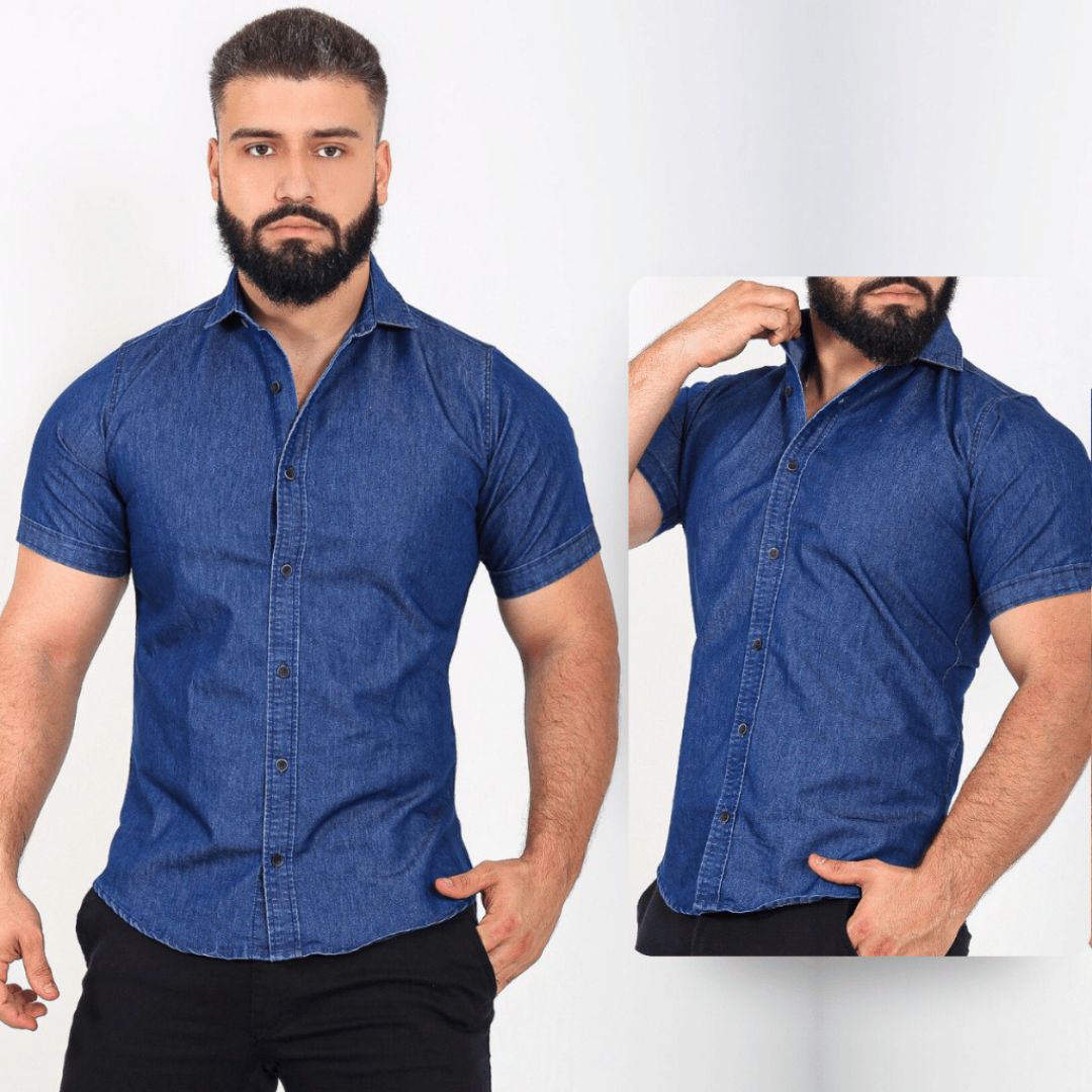 Camisa Jeans Masculina Slim Fit Manga Curta - Midorya | Dom Conrado