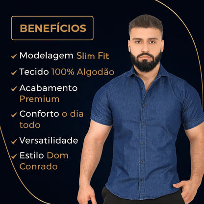 Camisa Jeans Masculina Slim Fit Manga Curta - Midorya | Dom Conrado