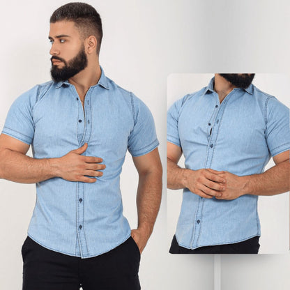 Camisa Jeans Masculina Slim Fit Manga Curta - Midorya | Dom Conrado