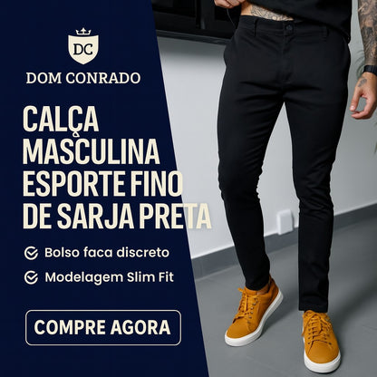 Calça Masculina Esporte Fino de Sarja Preta com Bolso Faca