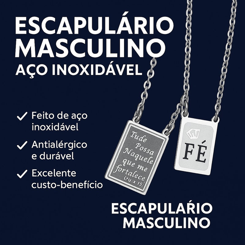 Escapulário Masculino Aço Inoxidável - "Todo Posso Naquele Que Me Fortalece"