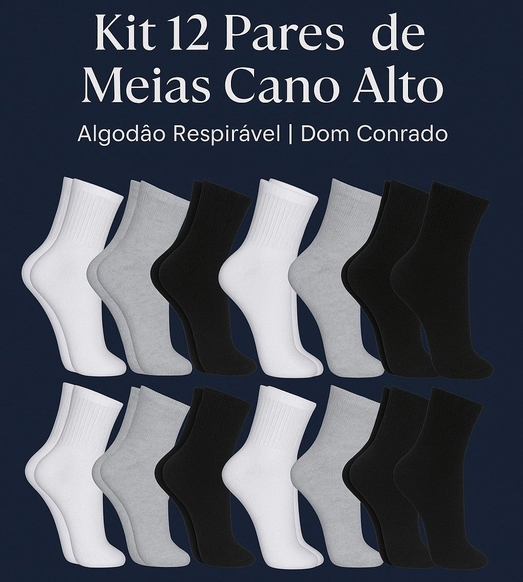 Kit 12 Pares de Meia Cano Alto em Algodão