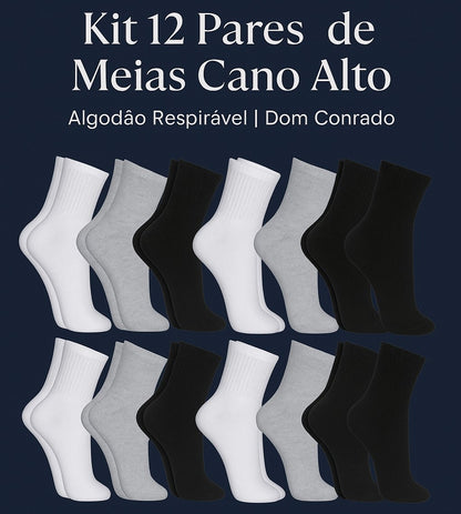 Kit 12 Pares de Meia Cano Alto em Algodão