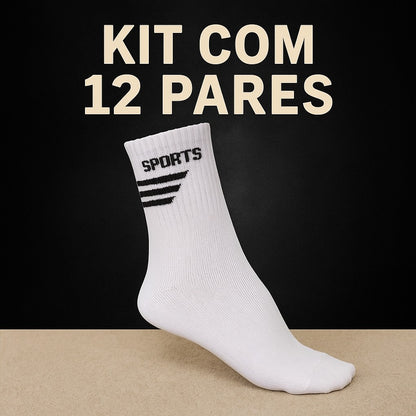 Kit com 12 Pares de Meias Sport Cano Alto Longo Masculina