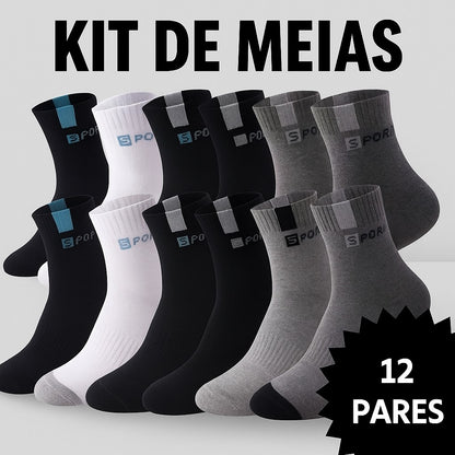 Kit com 12 Pares de Meias Sport Cano Alto Longo Masculina