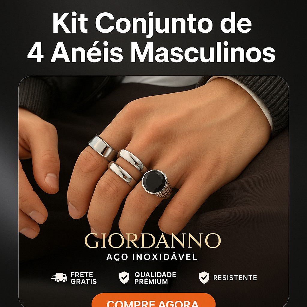 Kit Conjunto de 4 Anéis Masculinos em Aço Inoxidável - Giordanno