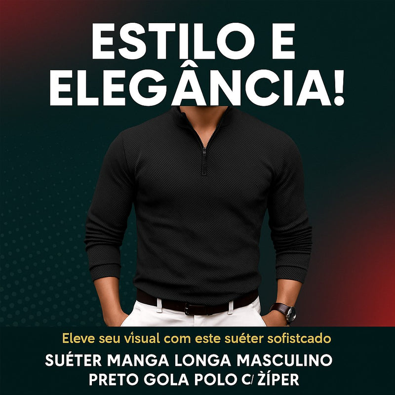 Sueter Manga Longa Masculino Preto Gola Polo com Ziper - Javier
