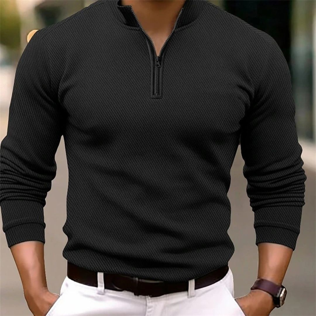 Suéter Manga Longa Masculino Preto Gola Polo com Ziper - Javier