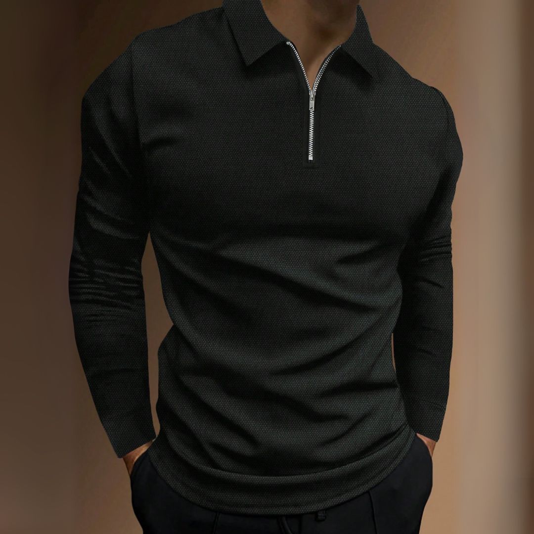 Suéter Manga Longa Masculino Preto Gola Polo com Ziper - Javier