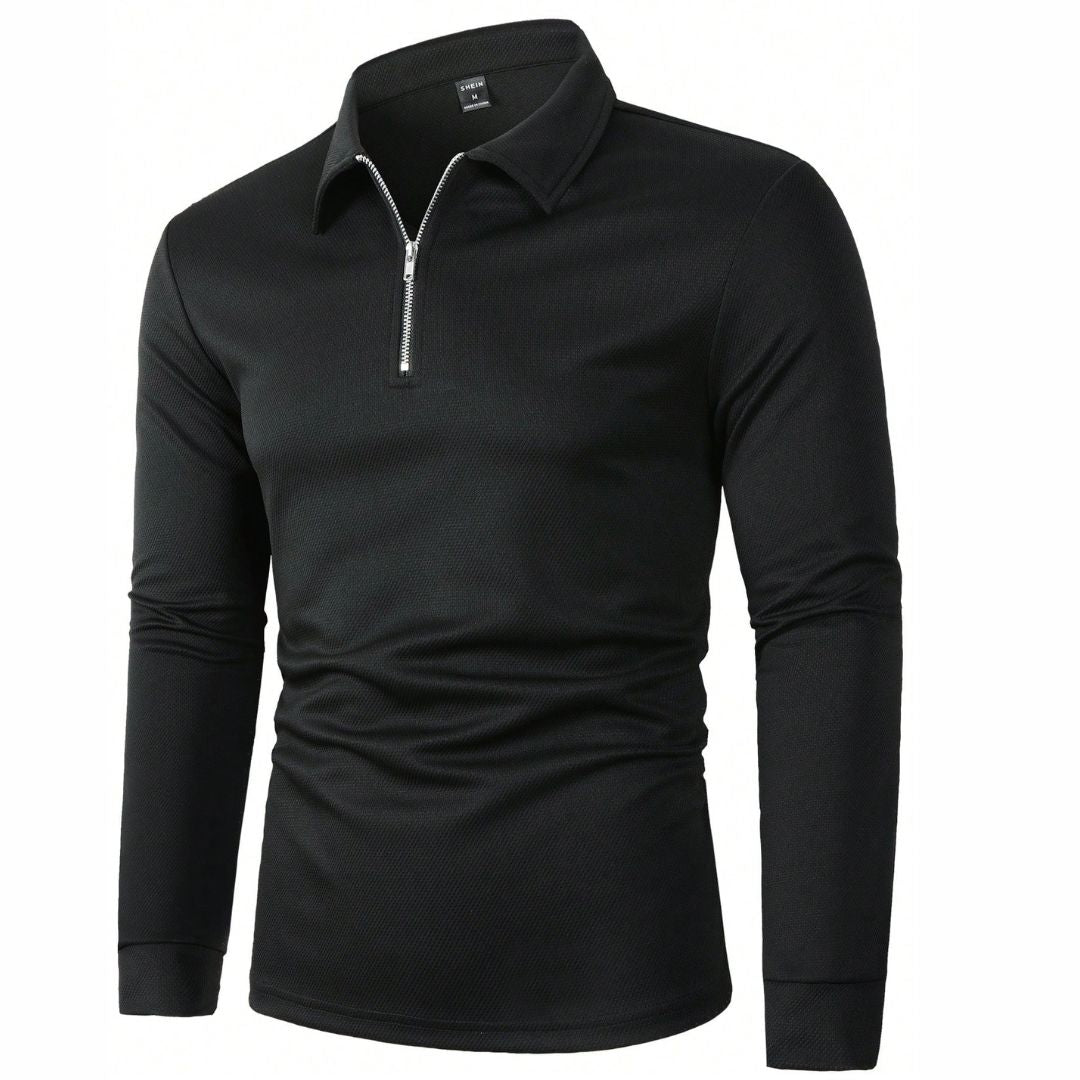 Suéter Manga Longa Masculino Preto Gola Polo com Ziper - Javier