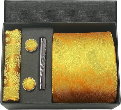 Conjunto Gravata Masculina em Seda com Lenço, Abotoadura e Clipe