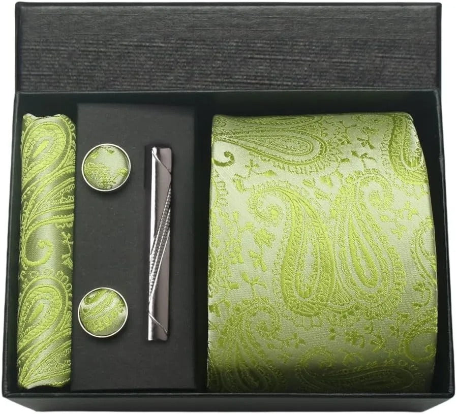 Conjunto Gravata Masculina em Seda com Lenço, Abotoadura e Clipe