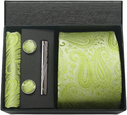 Conjunto Gravata Masculina em Seda com Lenço, Abotoadura e Clipe