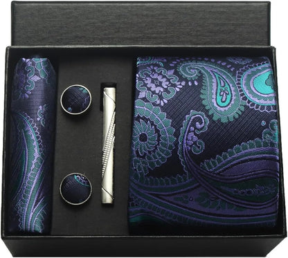 Conjunto Gravata Masculina em Seda com Lenço, Abotoadura e Clipe